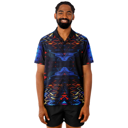 Men's Blue & Red Kaleidoscope Pattern All Over Print Spread Collar Short Sleeve Button-Down Shirt