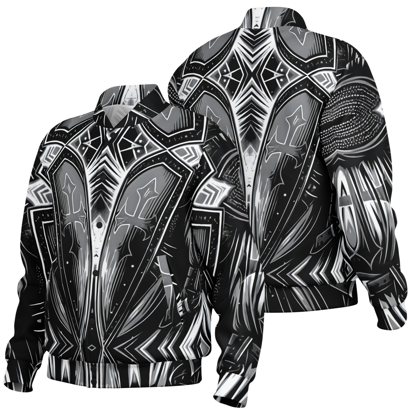 Men's Black & Silver Symmetry Pattern All-Over Print Baseball Jacket