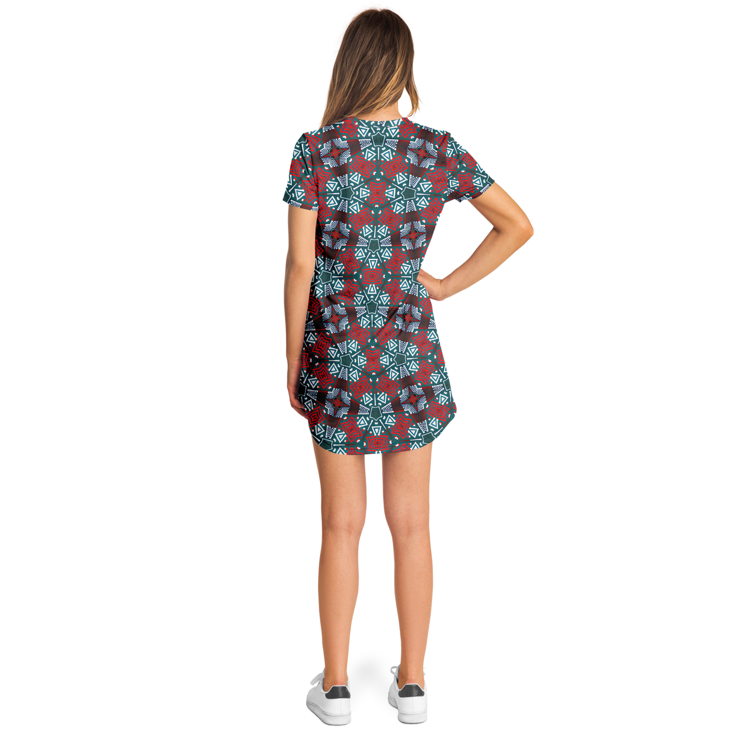 Women's Red, Green & White Teal Aztec Geo Pattern All-Over Print T-Shirt Dress