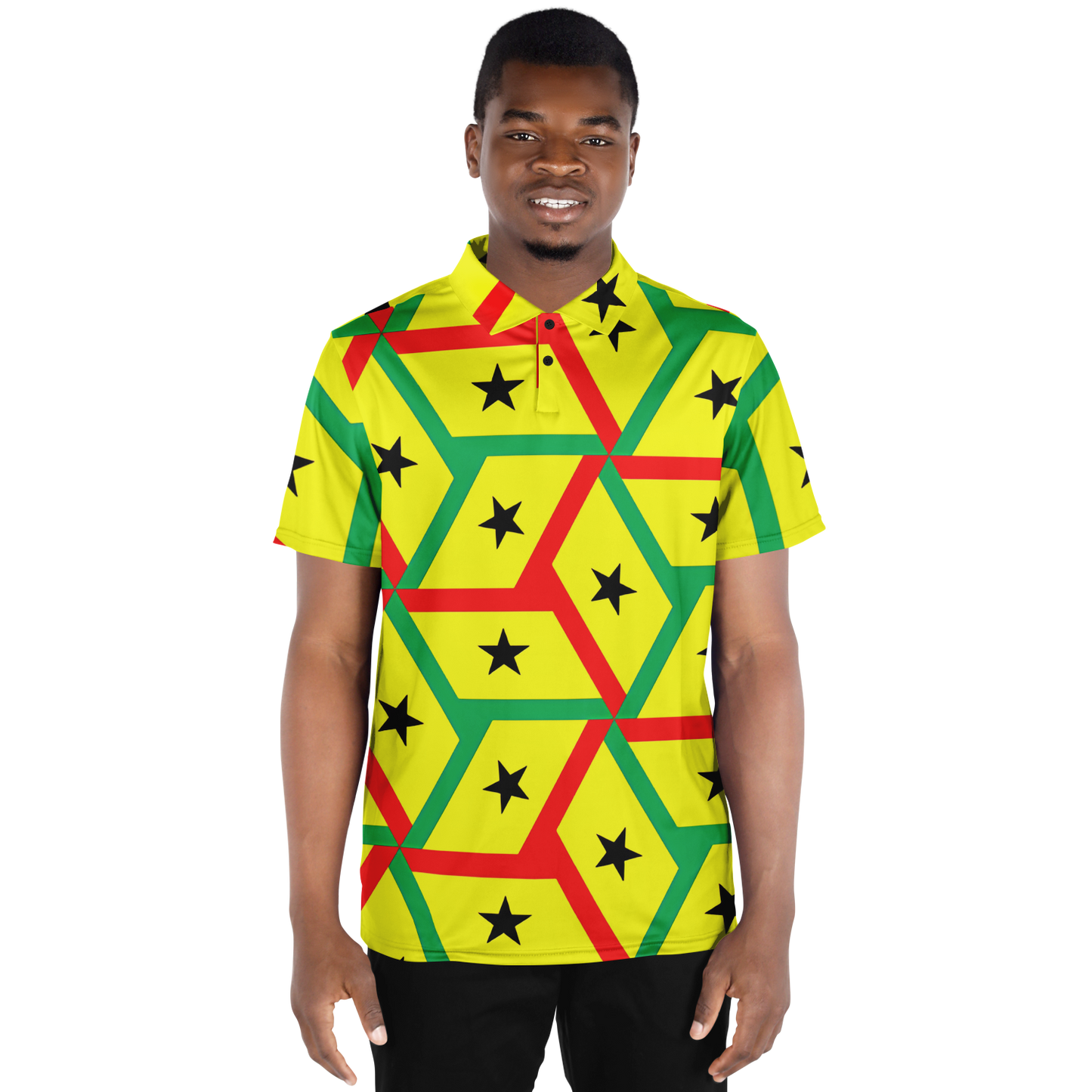 Men's Red Yellow Green Black Stars Polyester Polo Shirt