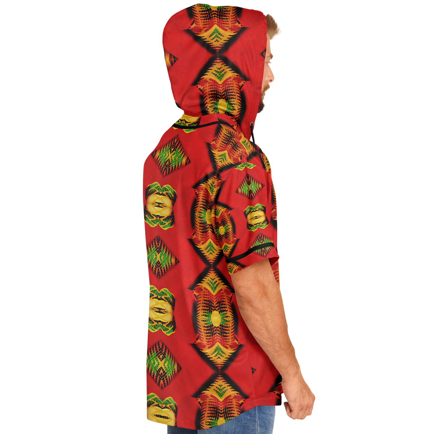 Men's Red Bold Tribal All-Over Print Hooded Baseball Jersey