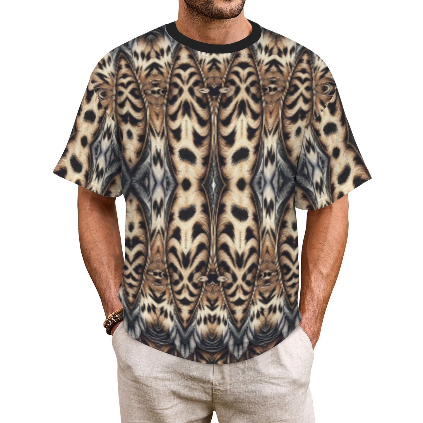 Men's Leopard Trendy Geometric Pattern All-Over Print All Over Print Ribbed Collar T-Shirt