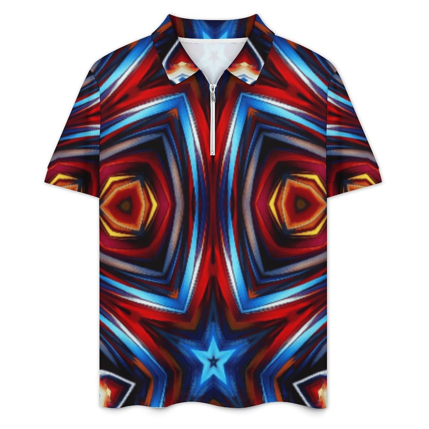 Men's Patriotic Red White Blue Geometric Zip-Up Polo Set