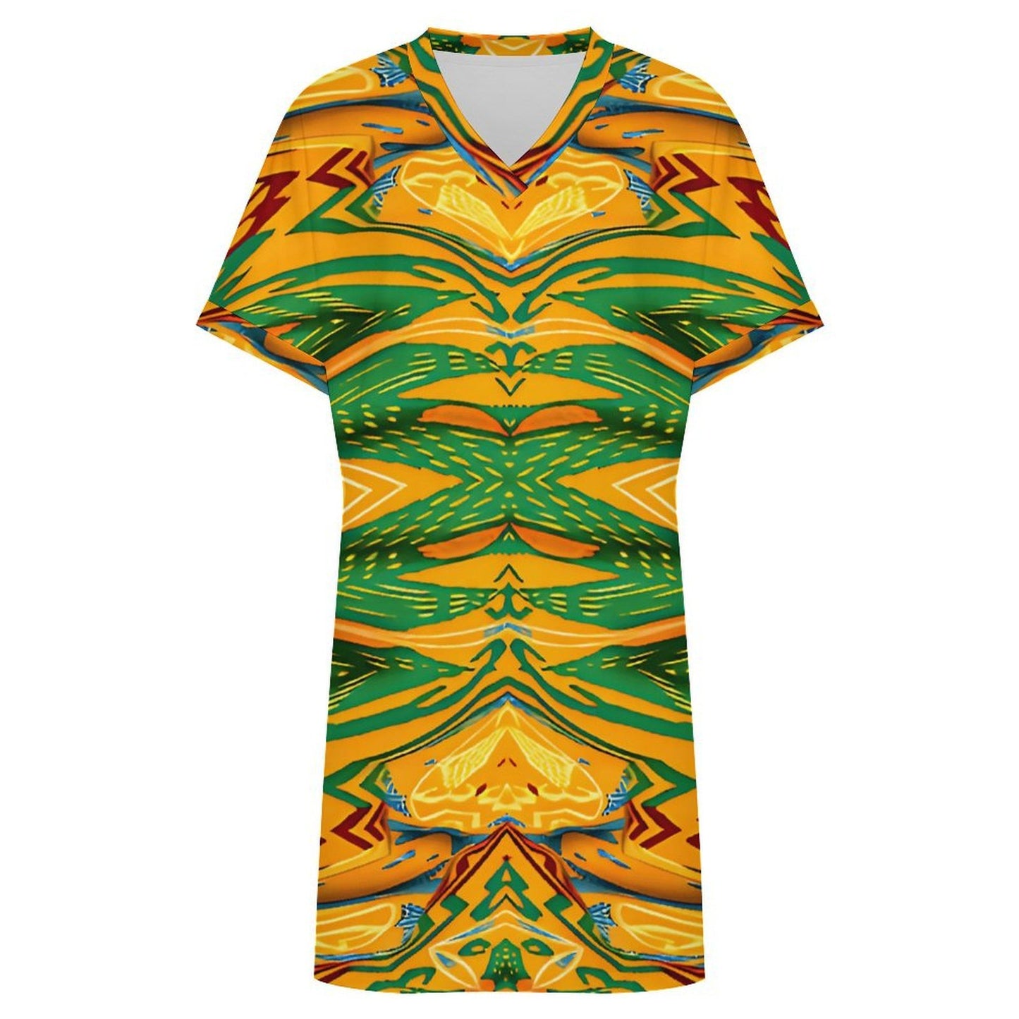 Women's Tropical Kaleidoscope Bold Green & Gold Pattern All-Over Print Casual V-Neck Dress with Rolled Cuffs