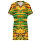 Women's Tropical Kaleidoscope Bold Green & Gold Pattern All-Over Print Casual V-Neck Dress with Rolled Cuffs