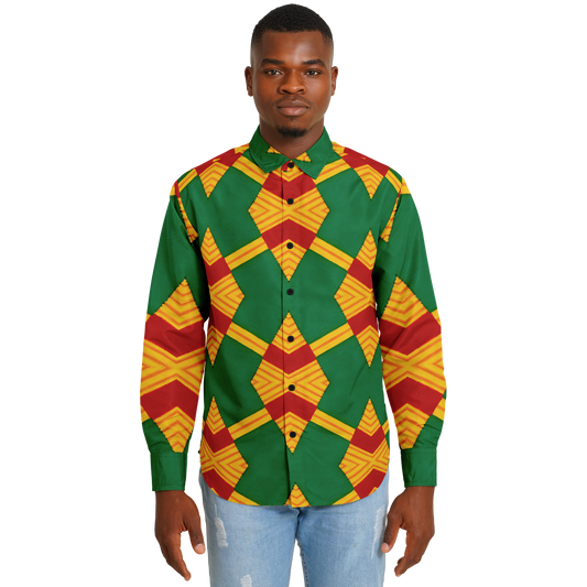 Men Bold Green, Red & Gold African Kente-Inspired Pattern Spread Collar Long Sleeve Button-Down All-Over Print Shirt