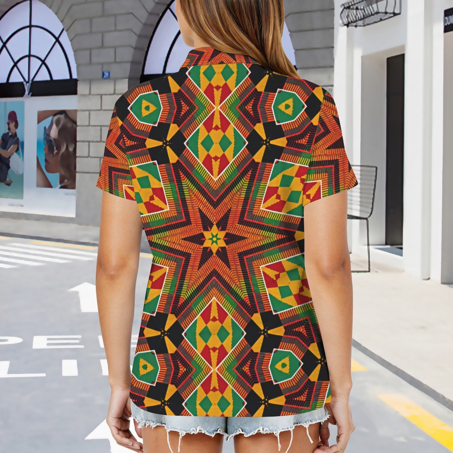 Women's African Kente Geometric Star Pattern All-Over Print Zipper Polo Shirt