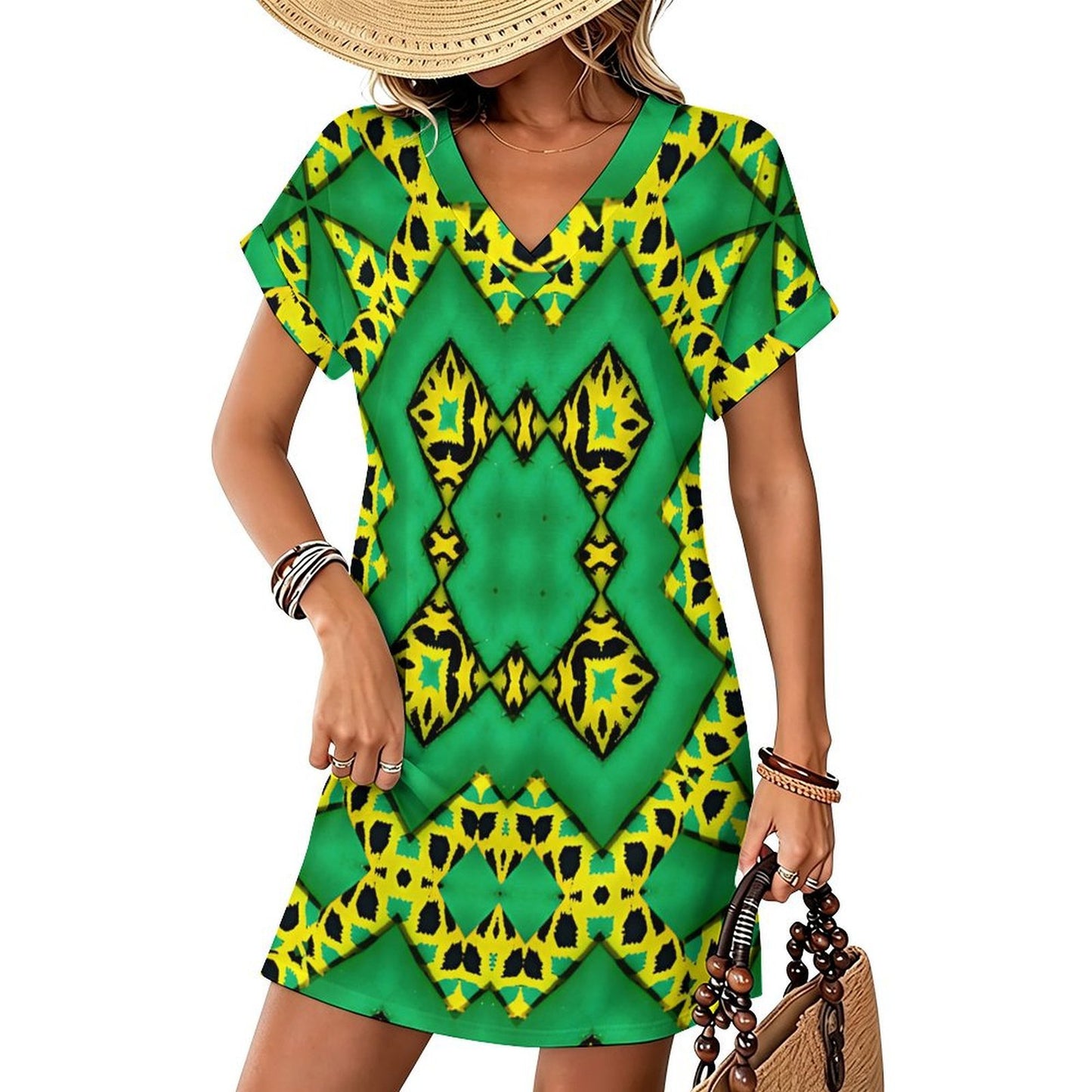 Women's Bold Green Black & Yellow Kaleidoscope Pattern All-Over Print Casual V-Neck Dress with Rolled Cuffs