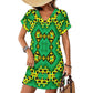 Women's Bold Green Black & Yellow Kaleidoscope Pattern All-Over Print Casual V-Neck Dress with Rolled Cuffs