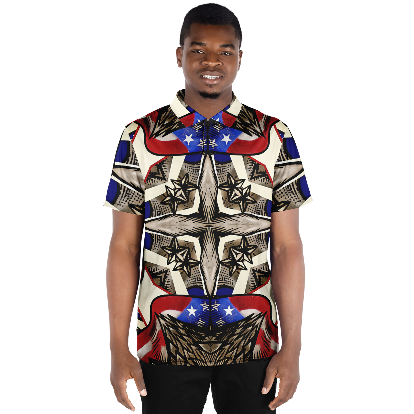 Men's Patriotic Stars & Cross Kaleidoscope Pattern All-Over Print Polo Shirt
