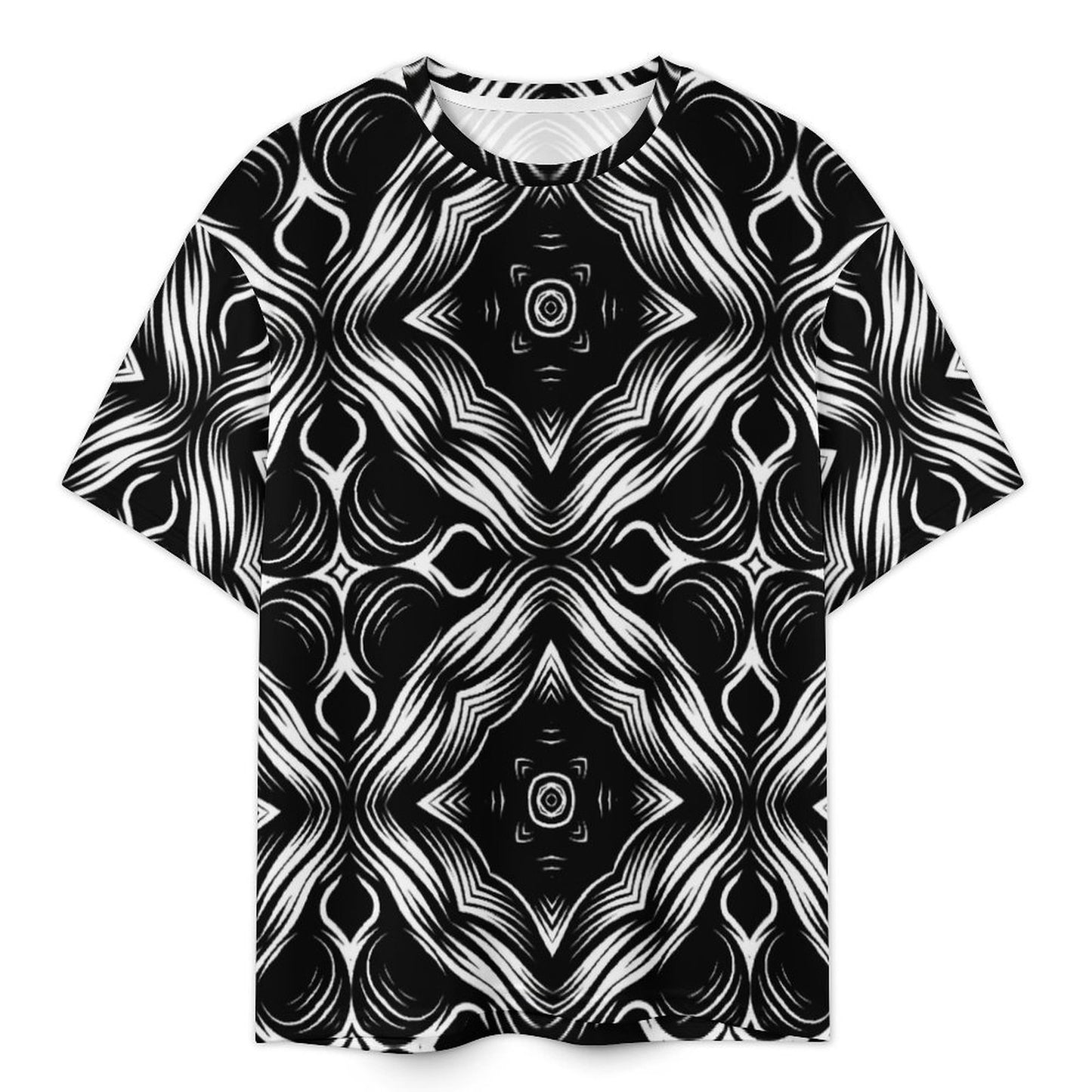 Men's Black & White Geometric Pattern All-Over Print Shirt Plus Size Drop Shoulder T-Shirt