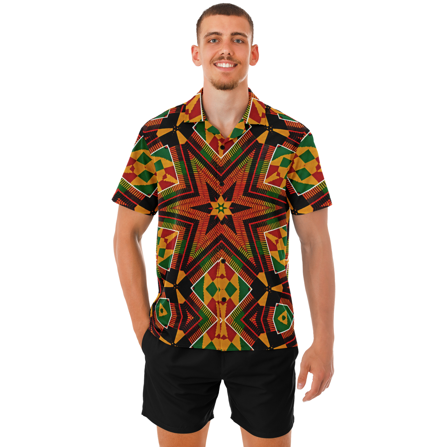 Men's African Kente Geometric Star Pattern All-Over Print Spread Collar Short Sleeve Button-Down Shirt