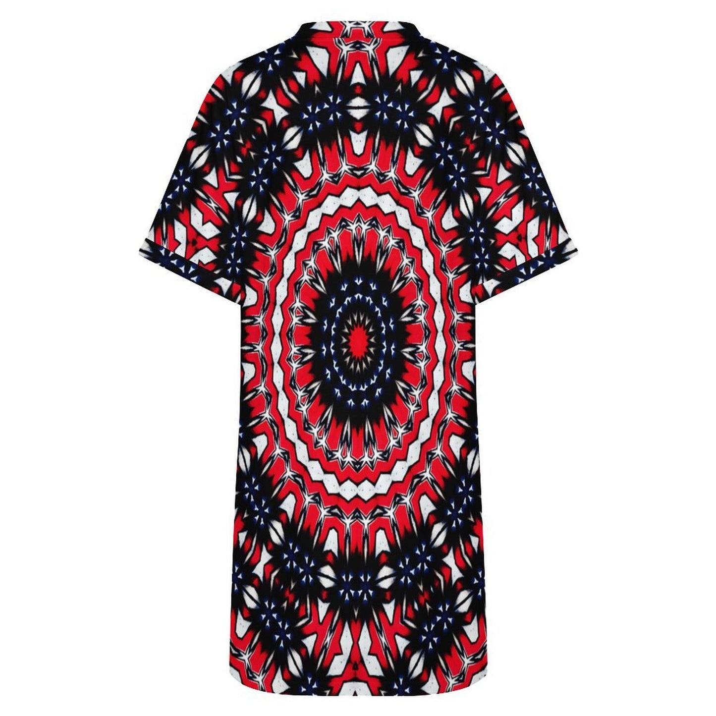 Women's Red, Blue & White Circle Pattern All-Over Print Casual V-Neck Dress with Rolled Cuffs