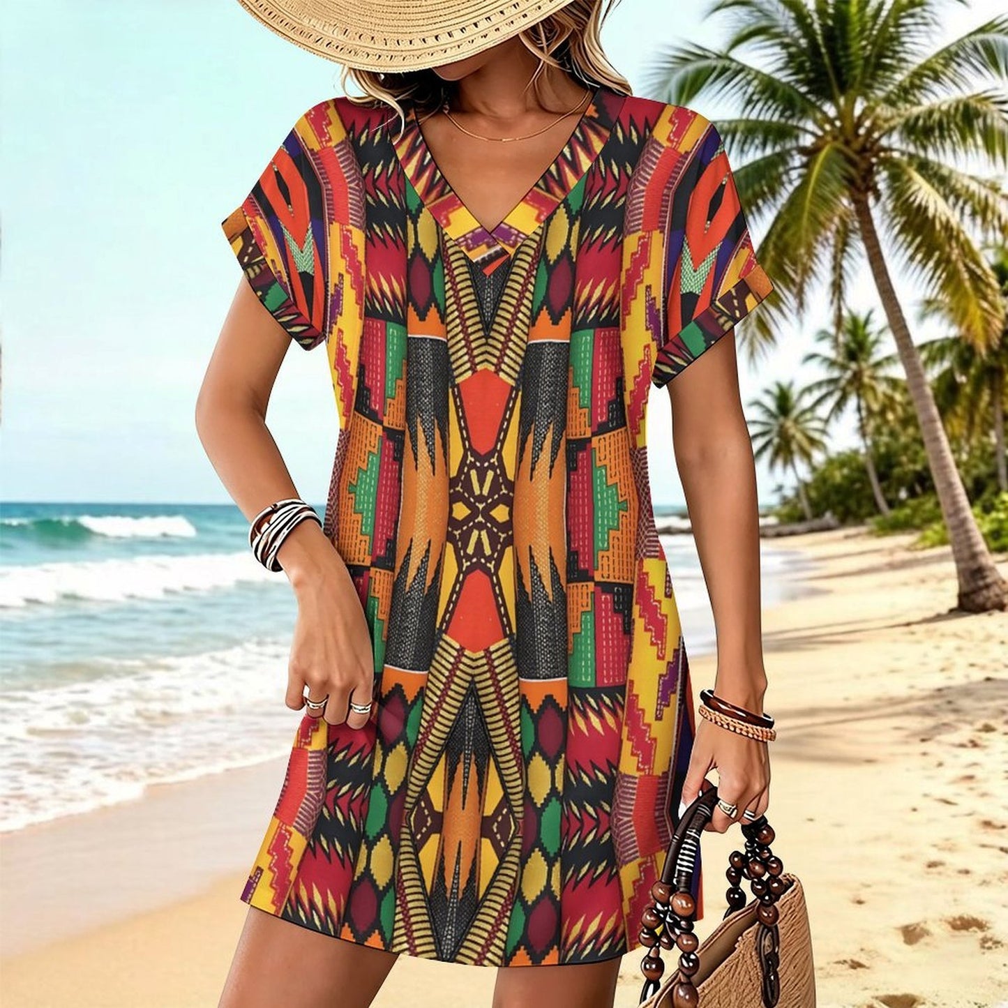 Women's Bold Colorful Aztec Pattern  All-Over Print Casual V-Neck Dress with Rolled Cuffs