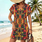 Women's Bold Colorful Aztec Pattern  All-Over Print Casual V-Neck Dress with Rolled Cuffs