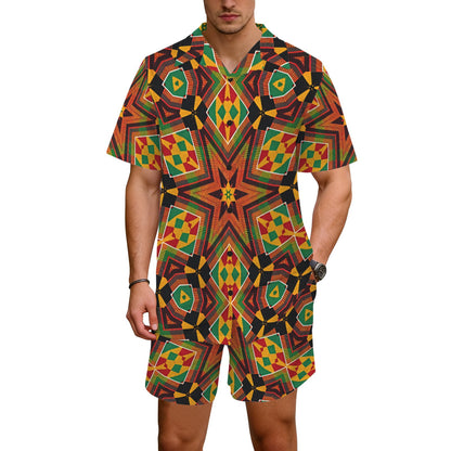 Men's African Kente Geometric Star Pattern All-Over Print Hawaiian Shirt & Shorts Set