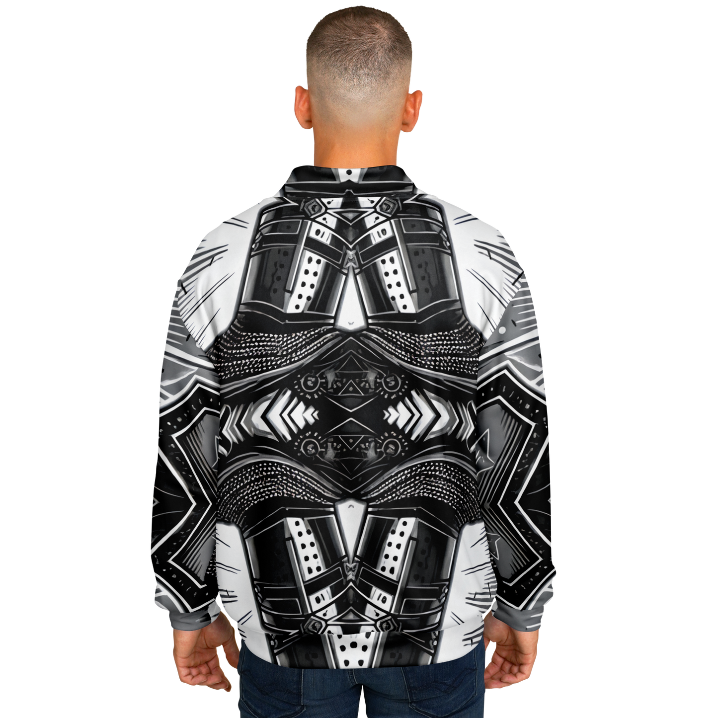 Men's Classic Black & White Geometric Pattern All Over Print Baseball Jacket