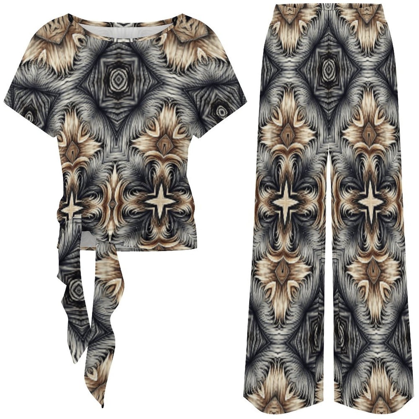 Women's Neutral Geometric Floral Pattern All Over print Side-Tie Short Sleeve Top & Wide-Leg Pants Set