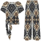 Women's Neutral Geometric Floral Pattern All Over print Side-Tie Short Sleeve Top & Wide-Leg Pants Set