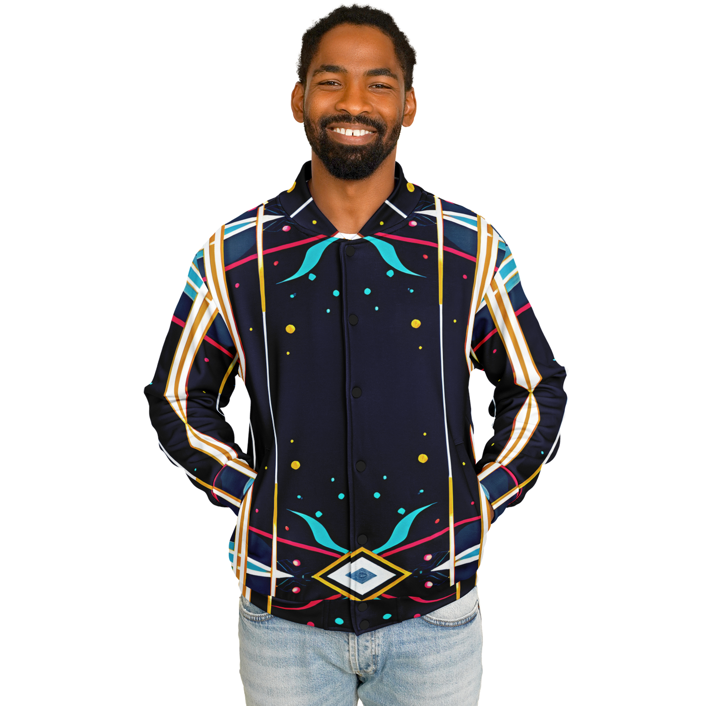 Men's Abstract Neon Geometry Pattern Design All Over Print Baseball Jacket
