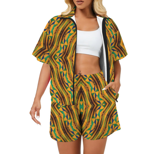Women’s African Kente Geometric Pattern All-Over Print Windbreaker Short Set