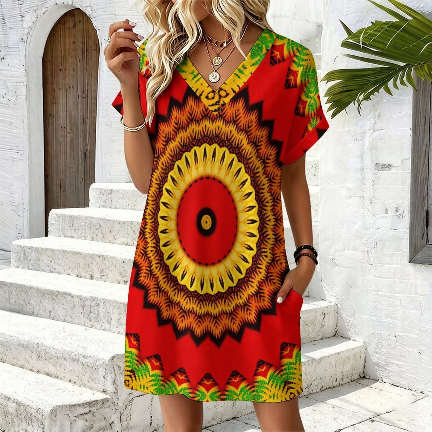 Women's Red Tribal Kaleidoscope Pattern All Over Print  Casual V-Neck Dress with Rolled Cuffs