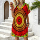 Women's Red Tribal Kaleidoscope Pattern All Over Print  Casual V-Neck Dress with Rolled Cuffs