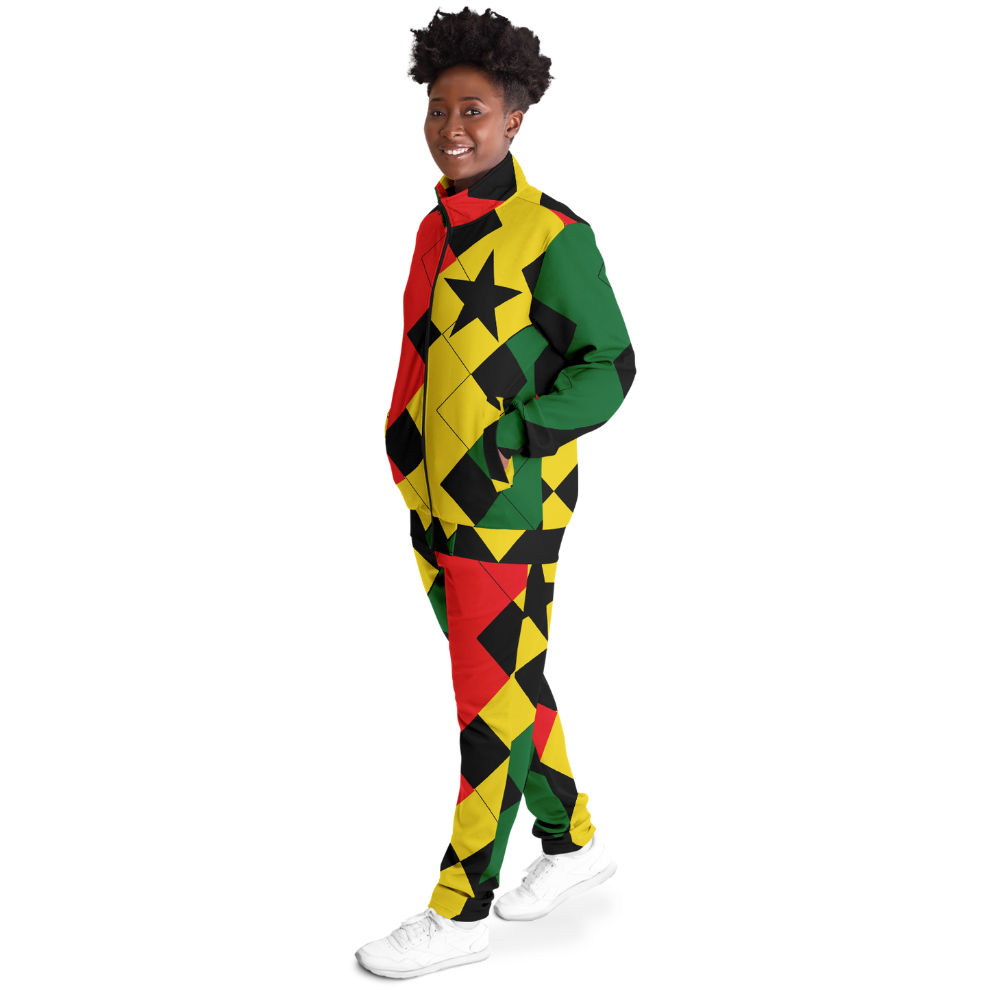 Women's Red Yellow Green and Black Stars Track Jacket and Pants