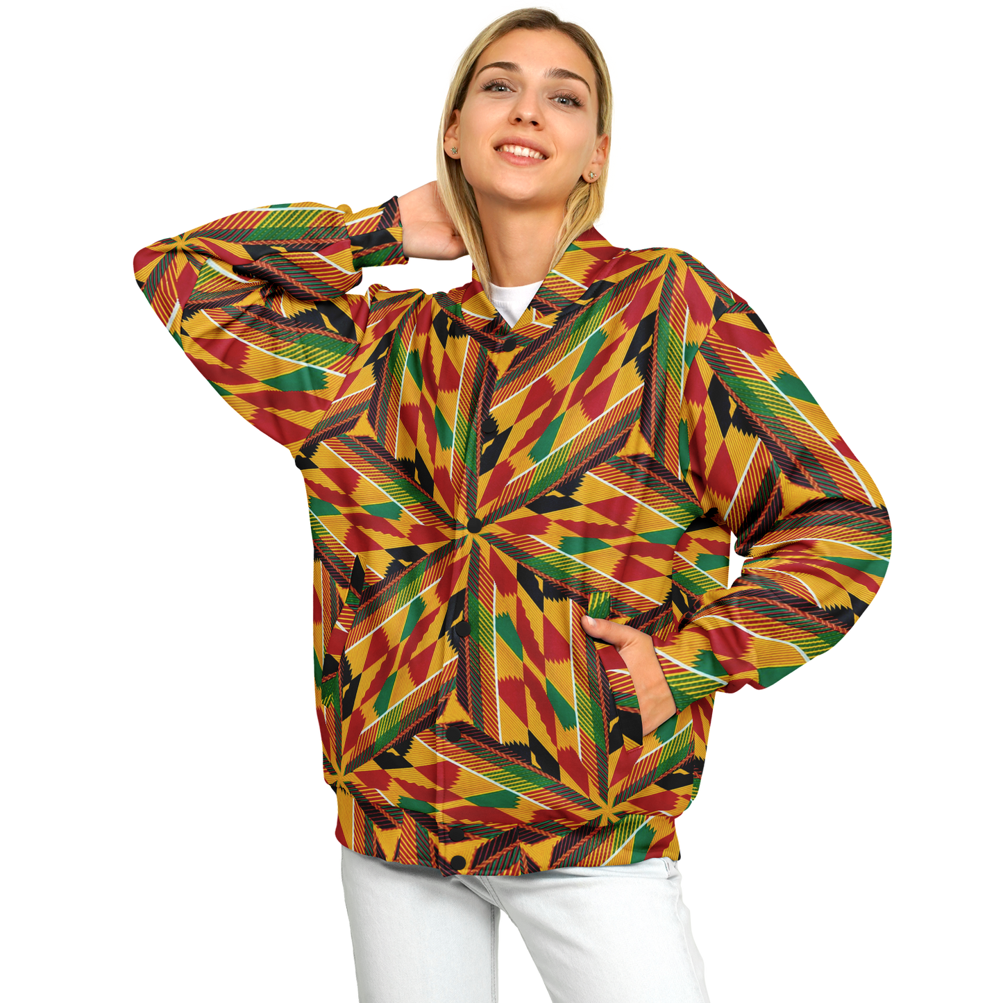Women's Vibrant African Kente Geometric All-Over Print Baseball Jacket