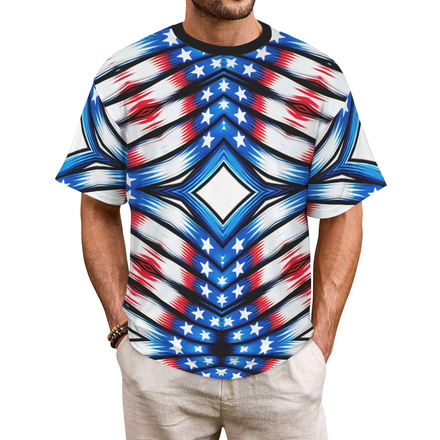Men's Red White Blue Geometric Pattern All-Over Print All Over Print Ribbed Collar T-Shirt