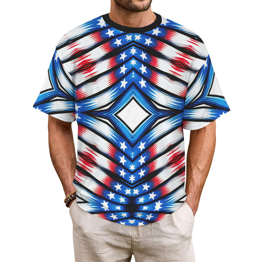 Men's Red White Blue Geometric Pattern All-Over Print All Over Print Ribbed Collar T-Shirt