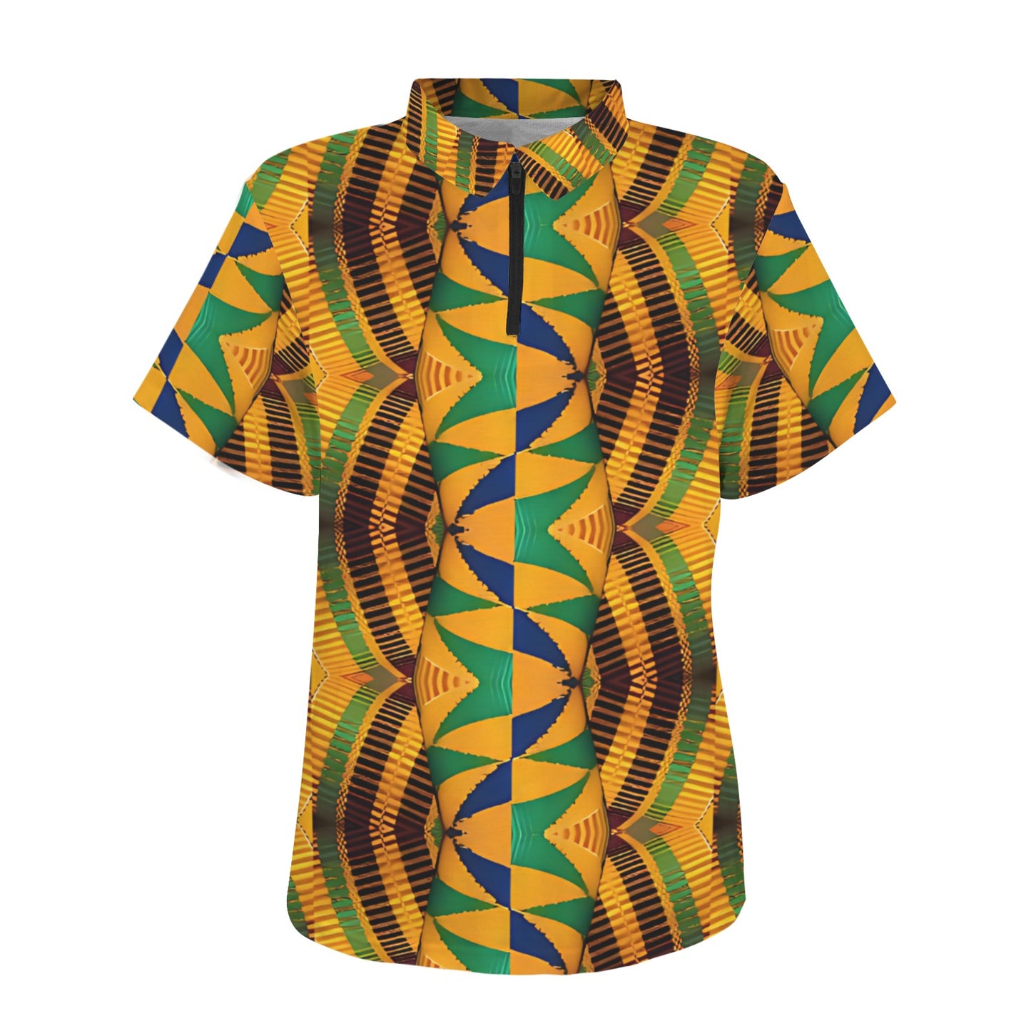 Women's African Kente Geometric Pattern All-Over Print Zipper Polo Shirt