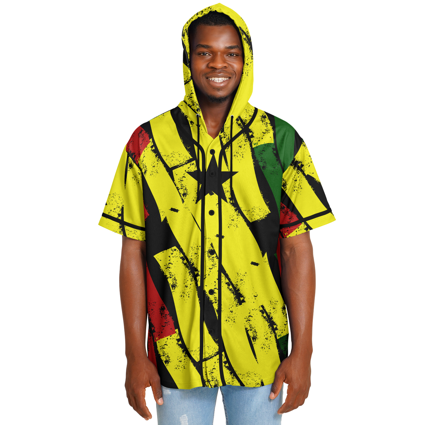 Men's Ghana Flag & Black Star Pattern All-Over Print Hooded Baseball Jersey
