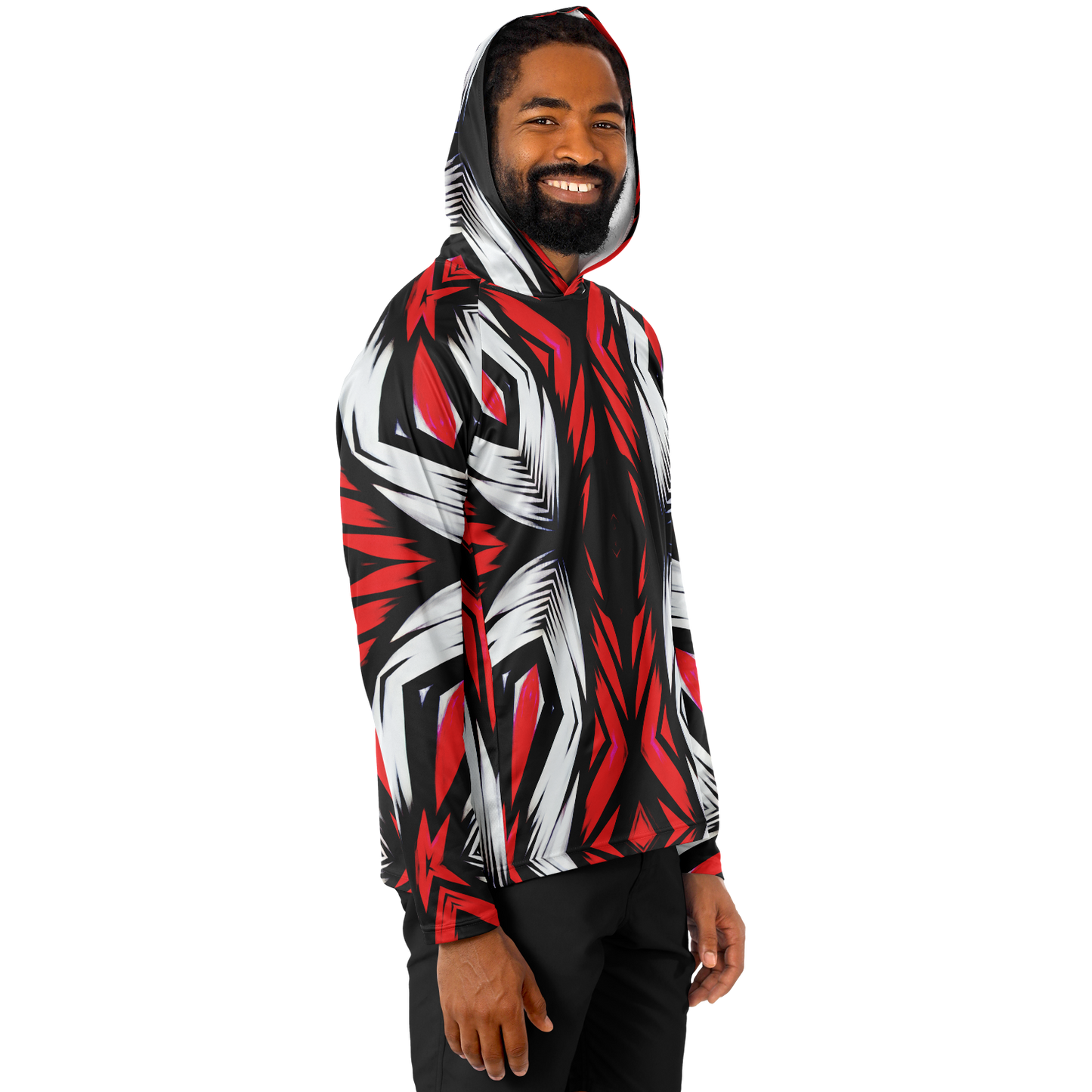 Men's Abstract Red, White & Black Pattern All-Over Print Long Sleeve Hooded Performance Shirt