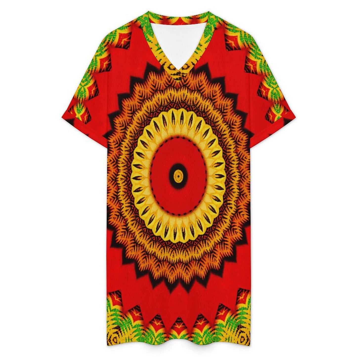 Women's Red Tribal Kaleidoscope Pattern All Over Print  Casual V-Neck Dress with Rolled Cuffs