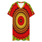 Women's Red Tribal Kaleidoscope Pattern All Over Print  Casual V-Neck Dress with Rolled Cuffs