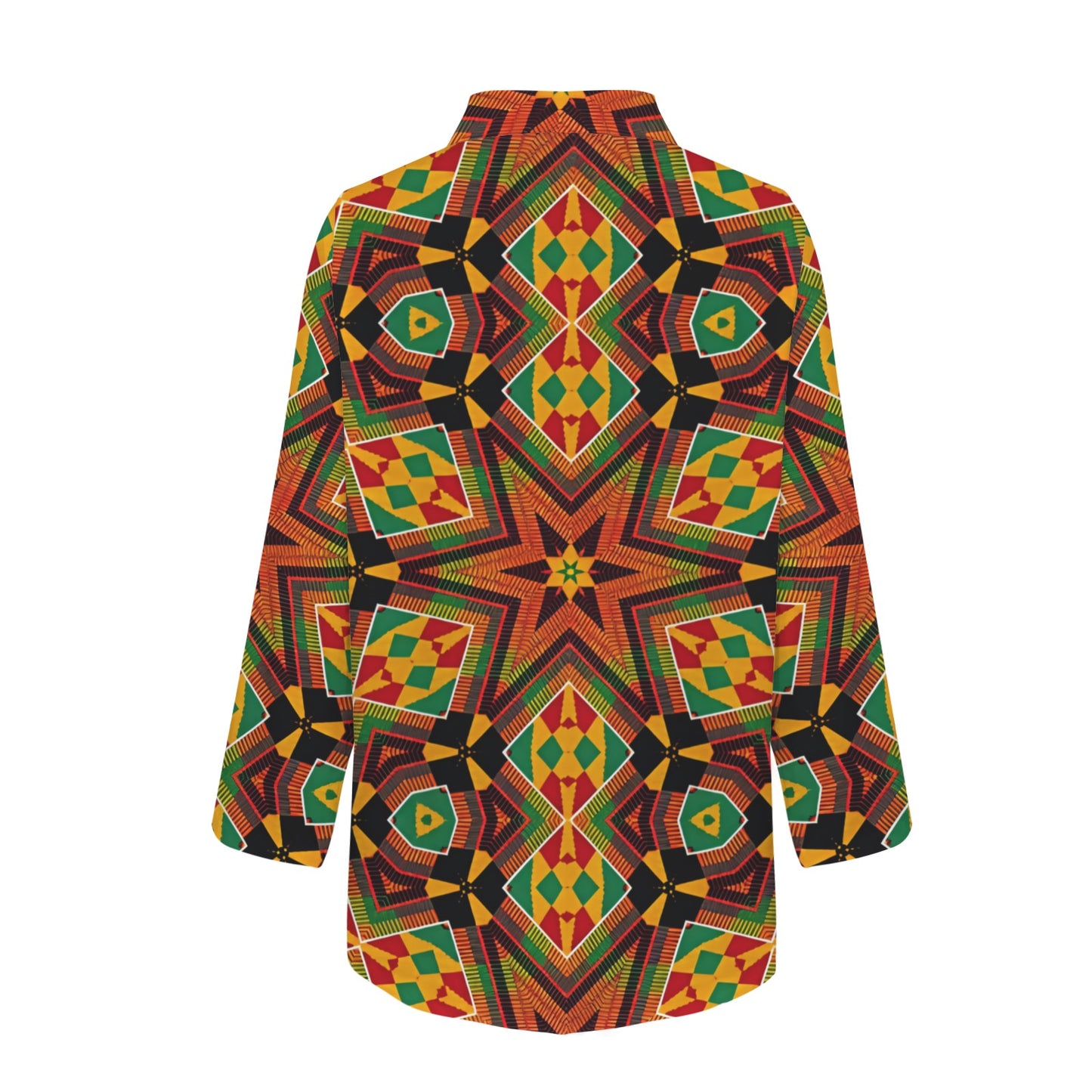 Women's African Kente Geometric Star Pattern All-Over Print Long Sleeve Curved Hem Shirt