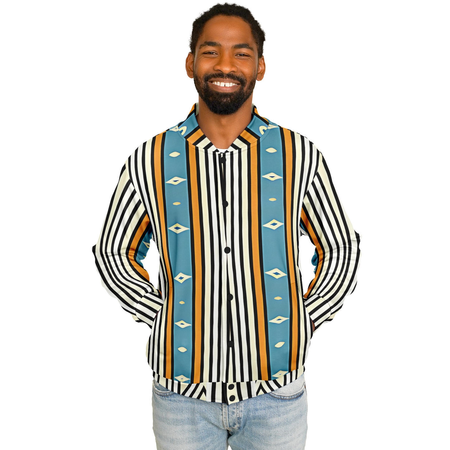 Men's Striped Retro Blue & Orange Patten Design All Over Print Baseball Jacket