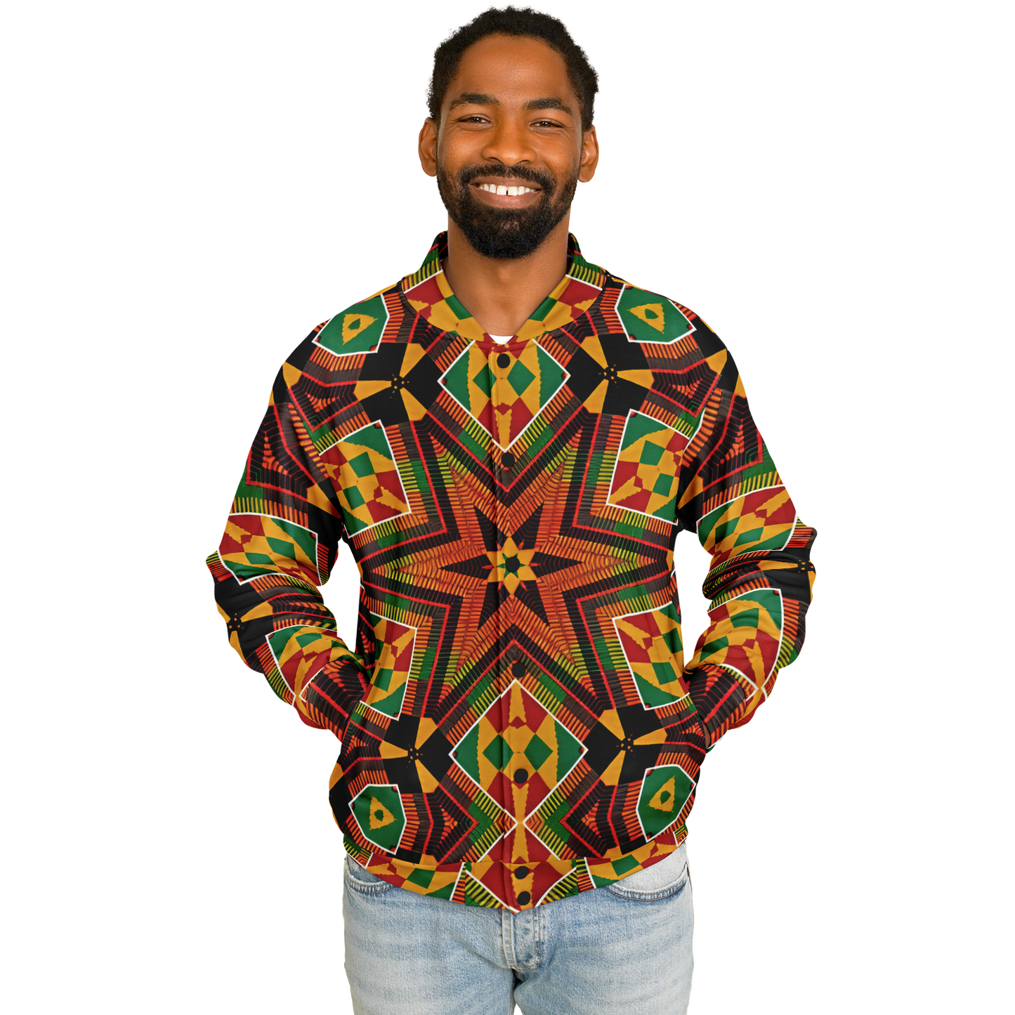 Men's African Kente Geometric Star Pattern All-Over Print Baseball Jacket