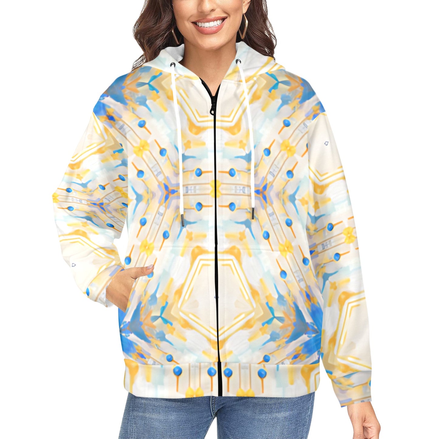 Women's Kaleidoscope Sunburst Pattern All-Over Print Fleece Full-Zip Hoodie