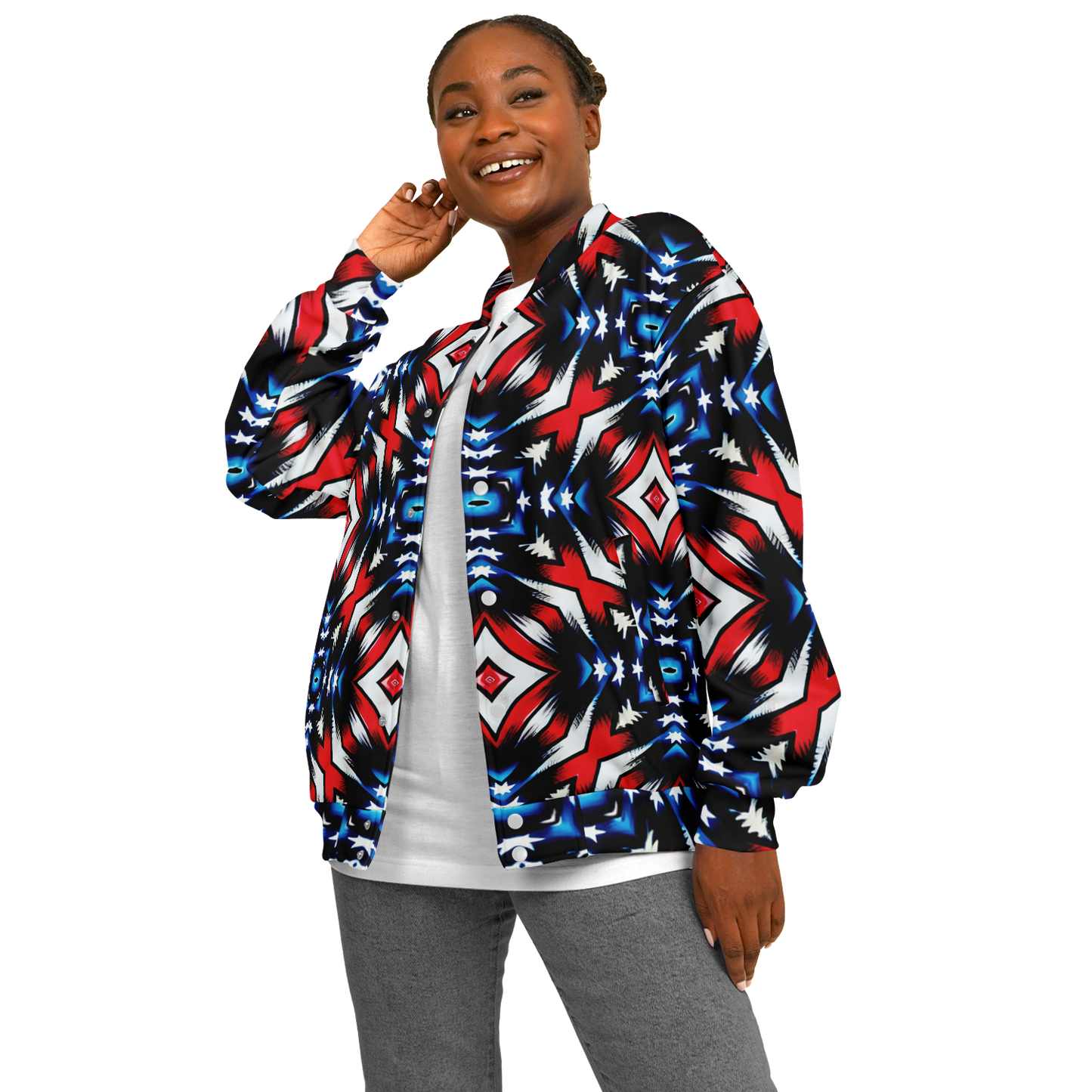 Women's Red White Blue Geometric Pattern All-Over Print Unisex Cut Baseball Jacket