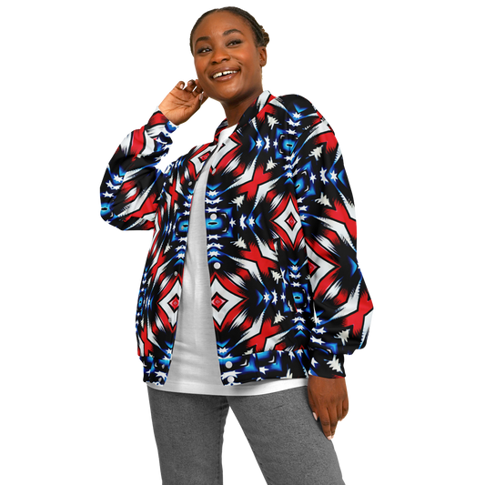 Women's Red White Blue Geometric Pattern All-Over Print Unisex Cut Baseball Jacket
