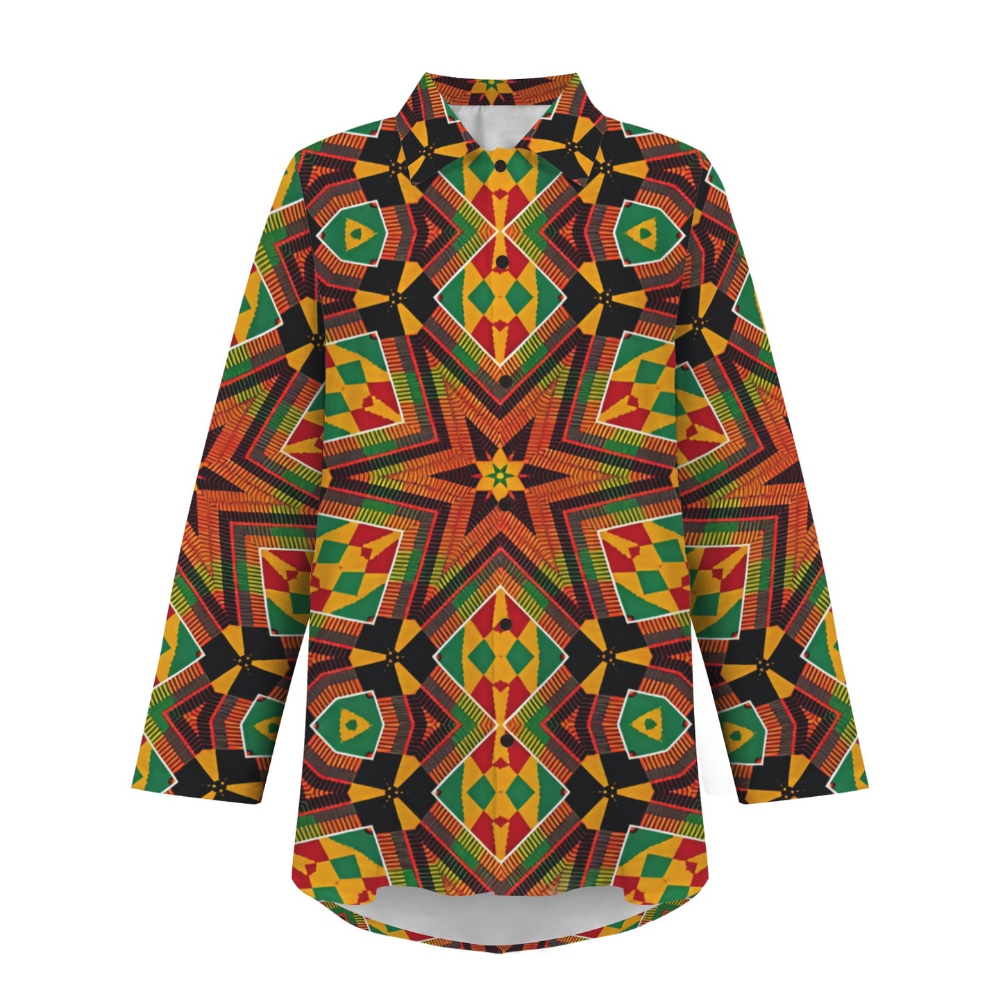 Women's African Kente Geometric Star Pattern All-Over Print Long Sleeve Curved Hem Shirt