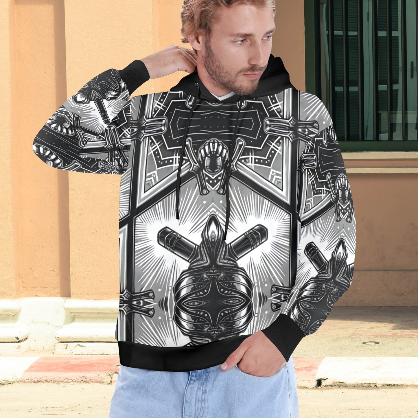 Men's Monochrome Kaleidoscope Pattern Men's All Over Print Hoodie