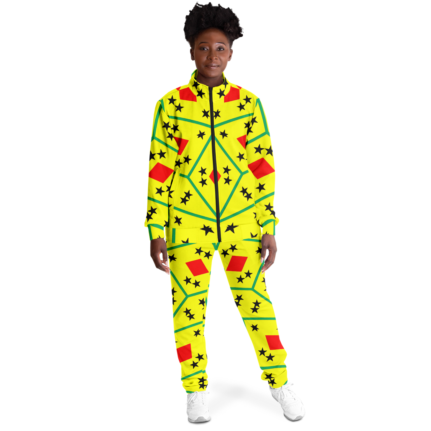 Women's Red Yellow Green Black Stars Track Jacket and Pants