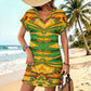 Women's Tropical Kaleidoscope Bold Green & Gold Pattern All-Over Print Casual V-Neck Dress with Rolled Cuffs