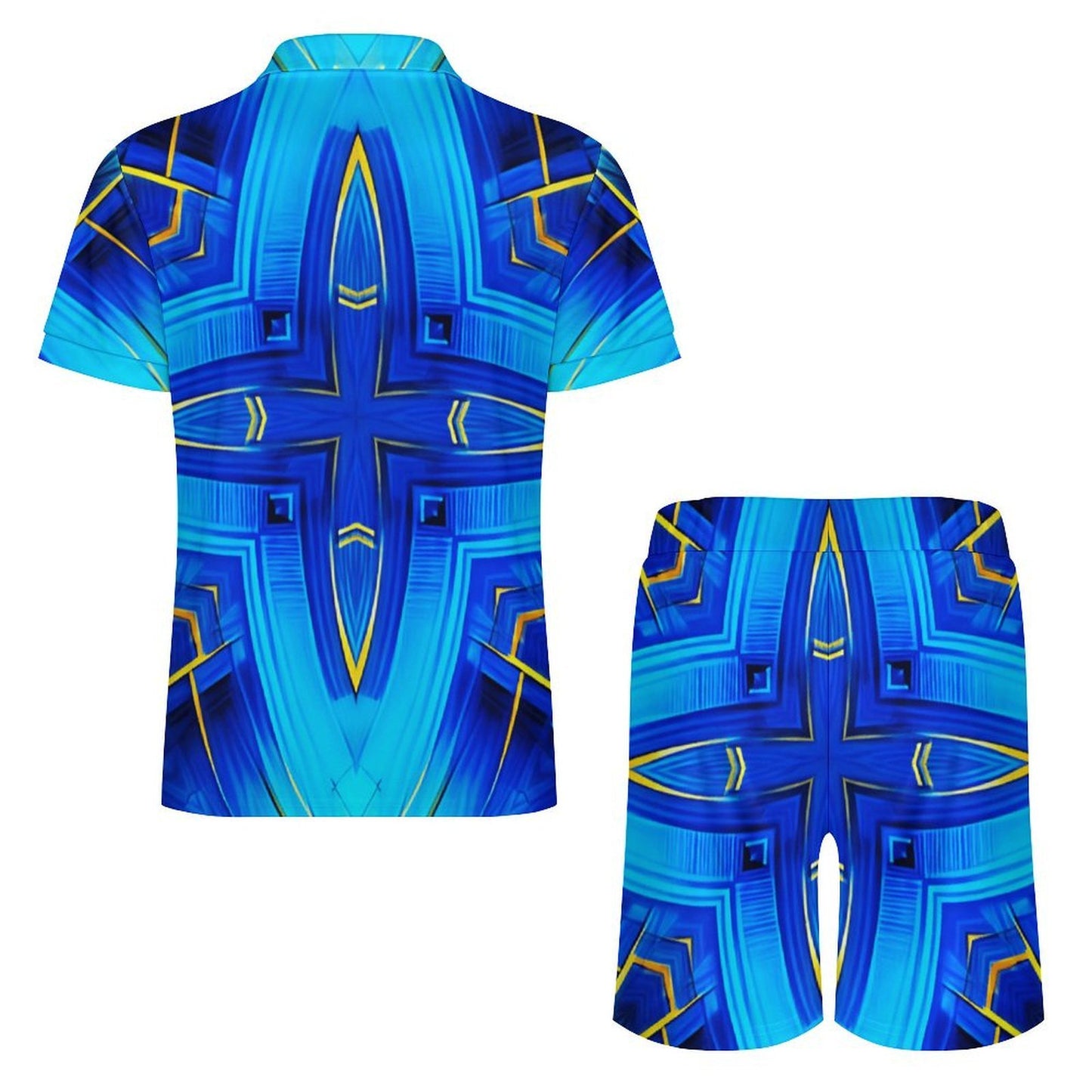 Men Vibrant Blue Geometric All-Over Print Zip-Up Polo Set