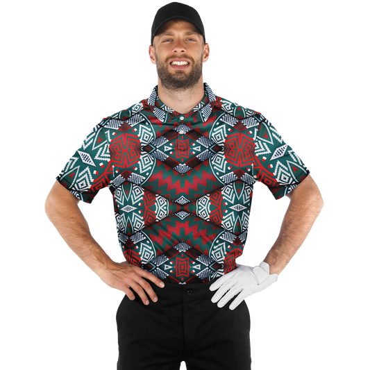 Men's Red, Green & White Teal Aztec Geo Pattern All-Over Print Polo Shirt