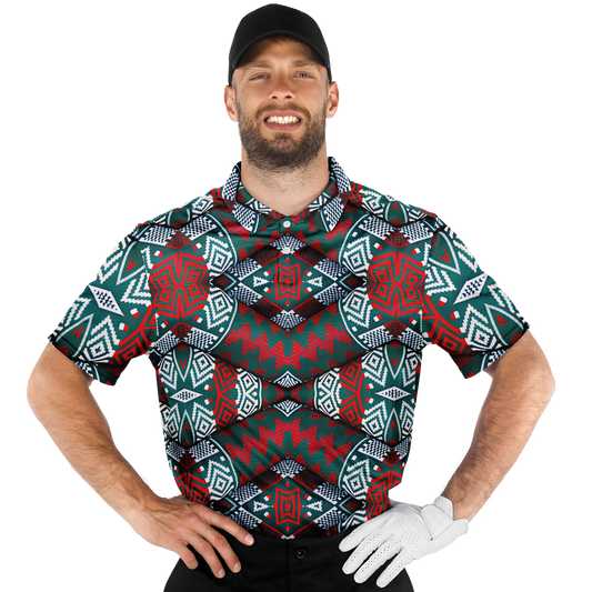 Men's Red, Green & White Teal Aztec Geo Pattern All-Over Print Polo Shirt