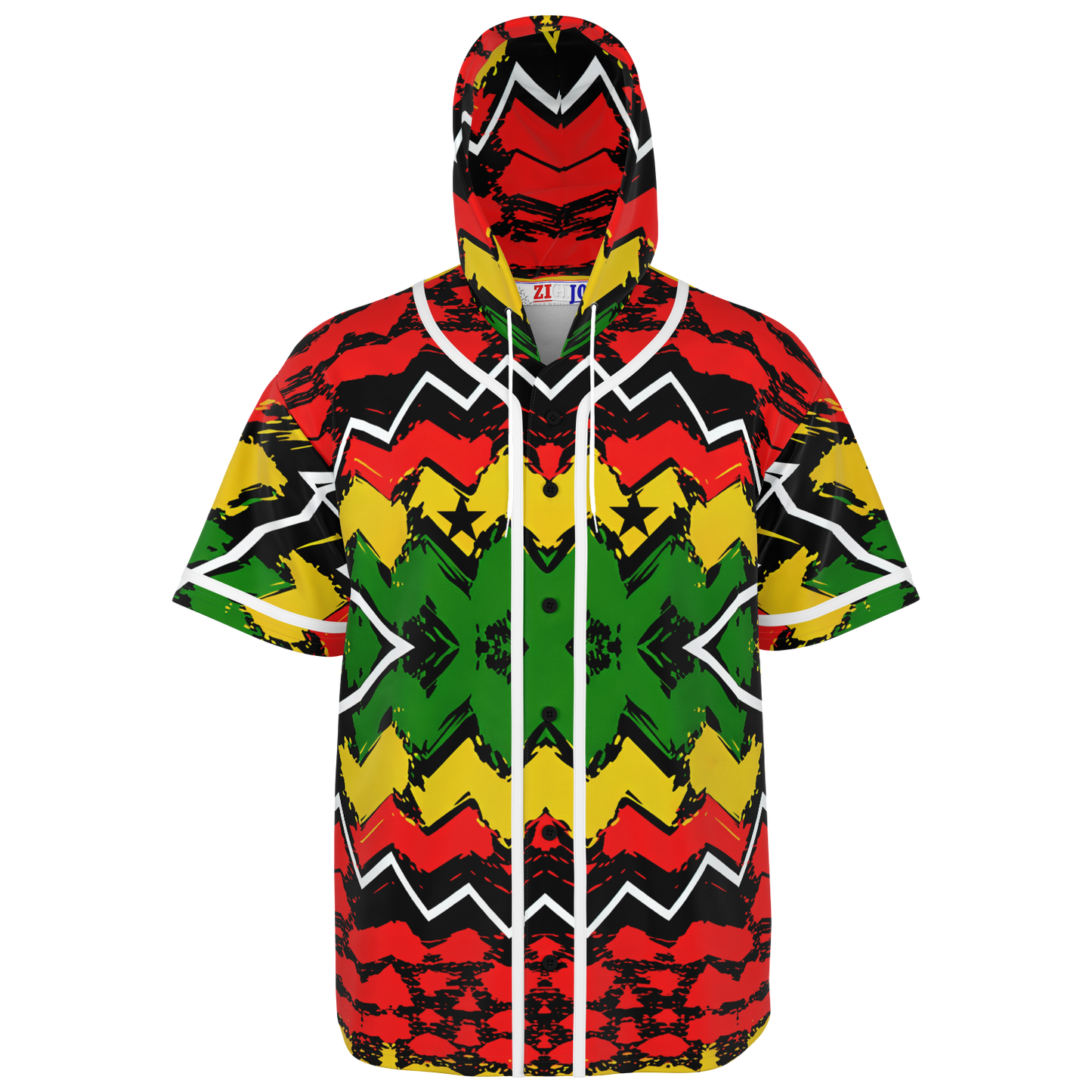 Men's Ghana Flag & Black Star Pattern All-Over Print Hooded Baseball Jersey